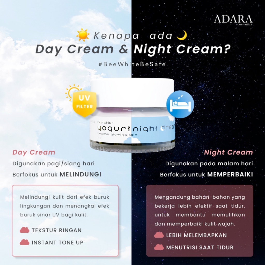 [ Agen Resmi ] ADARA - BEE WHITE YOGURT DAY CREAM &amp; NIGHT CREAM | Krim Moisturizer Pelembab Wajah Siang Malam Original