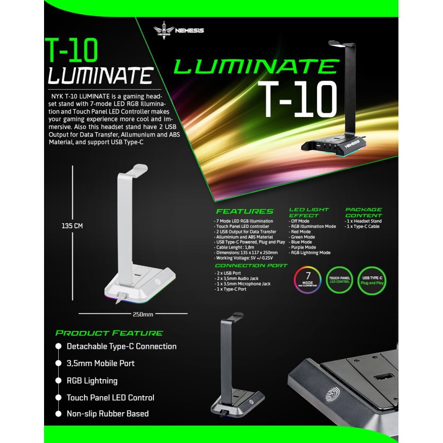 NYK Nemesis T10 LUMINATE T-10 Headset Stand RGB with Soundcard