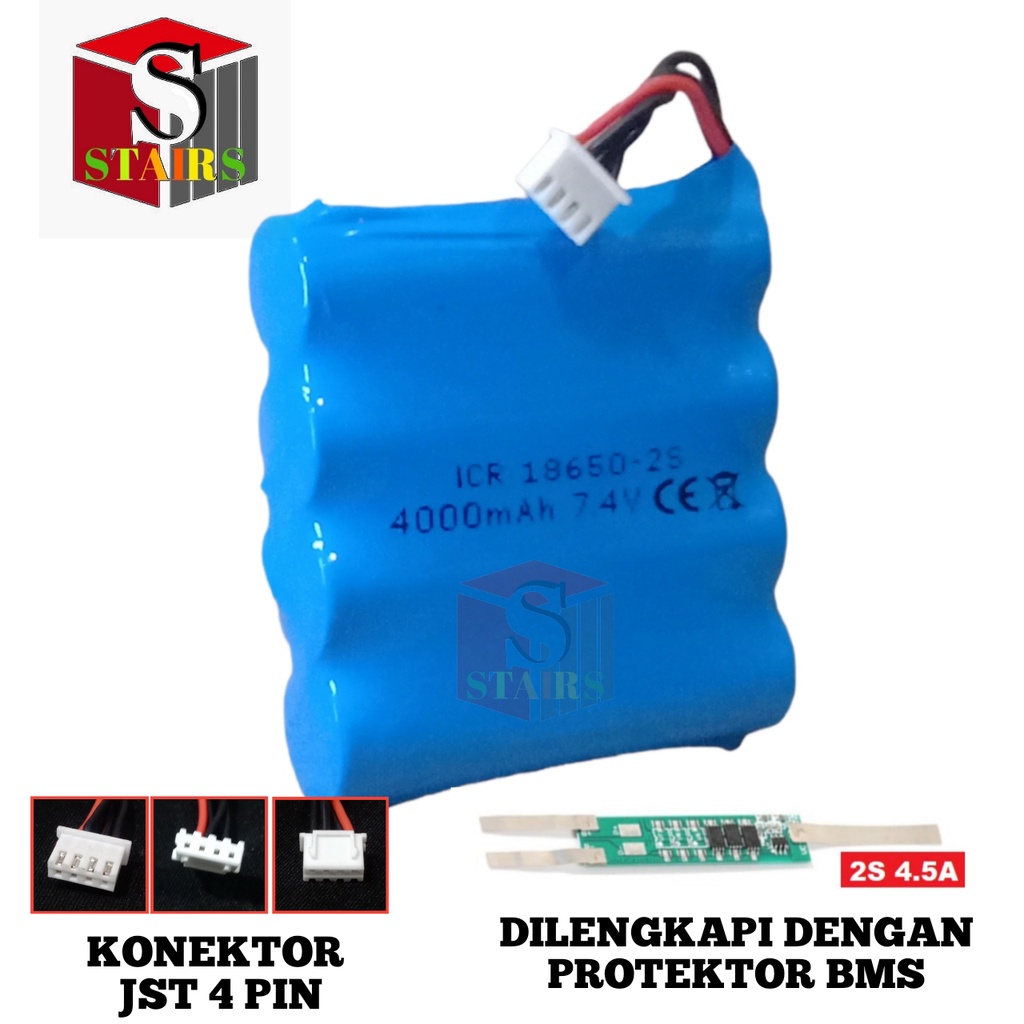 Batera Speaker/ RC Mainan Anak &amp; Elektronik Lainnya 4X 18650-2S 4000mAh 7.4V Protektor BMS 4.5A Konektor JST 4 PIN