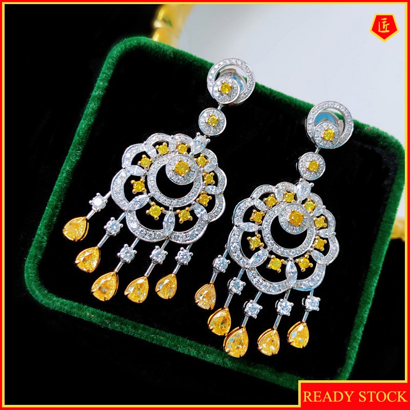 [Ready Stock]Luxury Fashion Fully-Jewelled Yellow Diamond Earrings