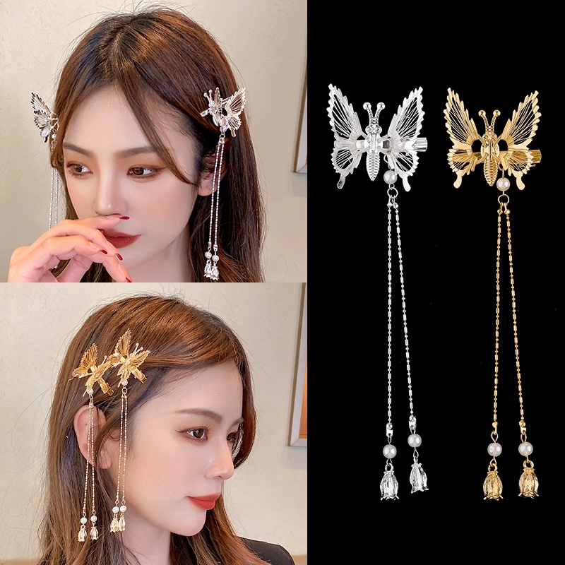 2pcs / Set Jepit Rambut Model Butterfly Rumbai Bahan Alloy Untuk Wanita