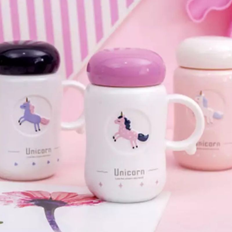 gelas mug cup unicorn dengan tutup keramik impor