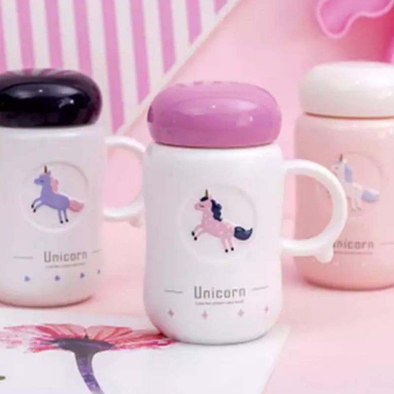 gelas mug cup unicorn dengan tutup keramik impor