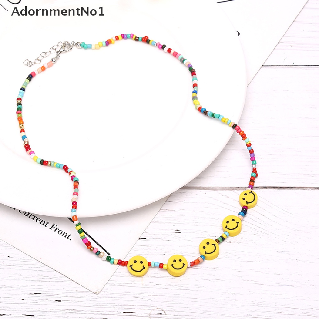 (AdornmentNo1) Kalung Choker Rantai Manik Pendan Smiley Face Warna Warni Gaya Boho