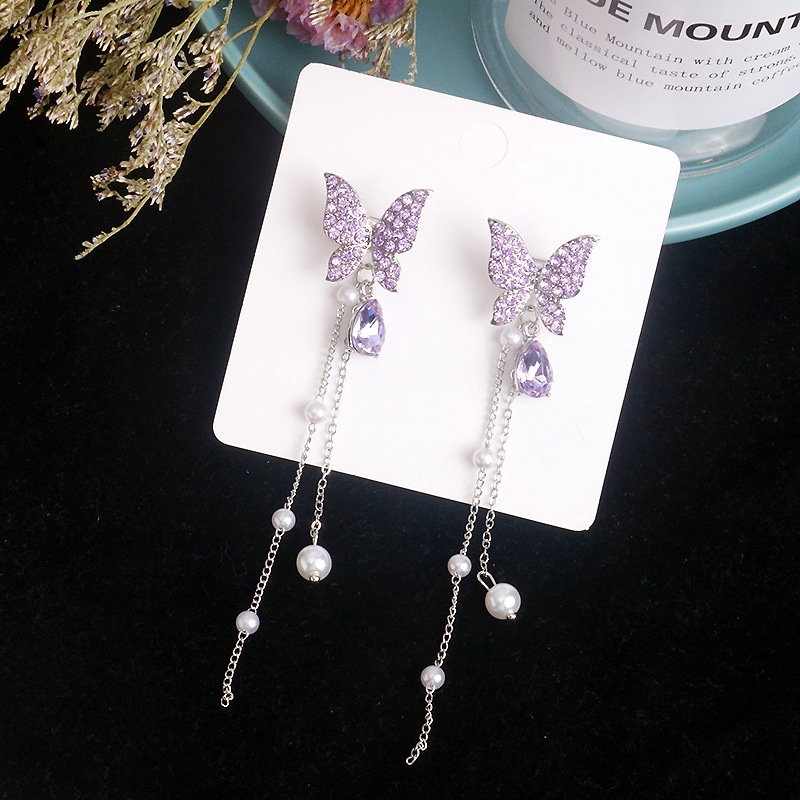 Anting Rumbai Desain Kupu-Kupu Ungu Bahan 925 Silver Needle Gaya Hong Kong Untuk Wanita