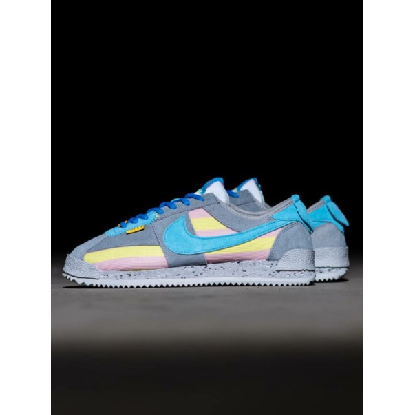 nike cortez x union grey yellow blue