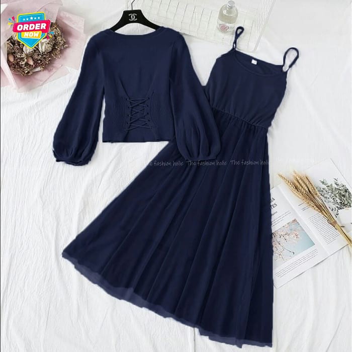 Viola Set Baju Remaja Wanita Kekinian Sale Navy Fi488 Set 2In1 Yu VZ266 [2In1 St Jocelyn Tile Navy