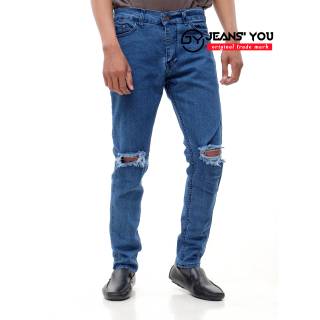  CELANA  JEANS  PRIA  SOBEK  LUTUT ROBEK RIPPED HITAM PEKAT 