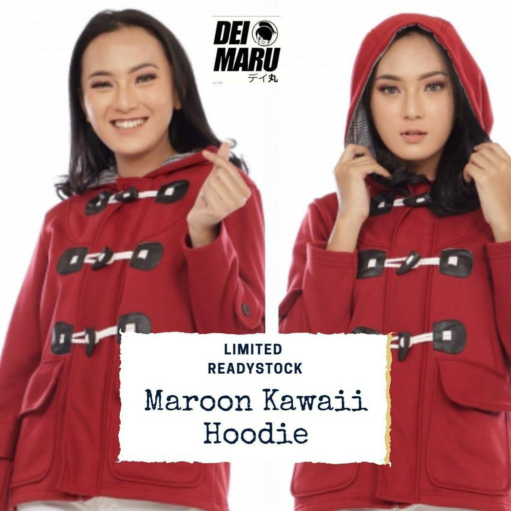 Maroon Kawai Hoodie Jacket Harajuku Simple Kawai Cosplay