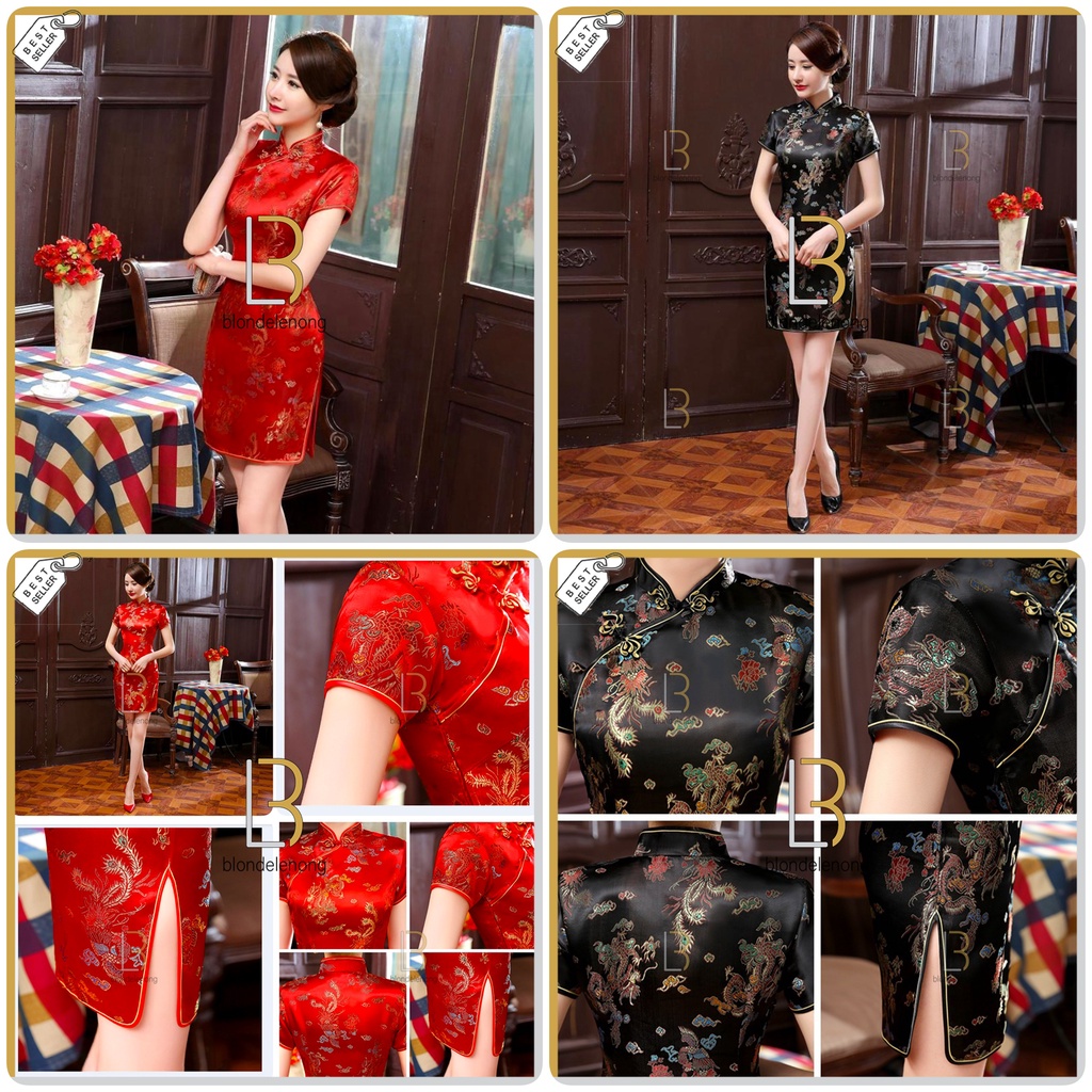 Baju Dress Blousse Top Cheongsam Chongsam Qipao Zhongsan Hanfu Anak Cewek Wanita Perempuan Kain Batik Satin Panjang Pendek Imlek Tahun Baru Cina Cny 2022 Keluarga Merah Kuning Emas Ukuran Size Kecil Sedang Medium Besar S M L XXL 2XL XXXL 3XL Import Murah