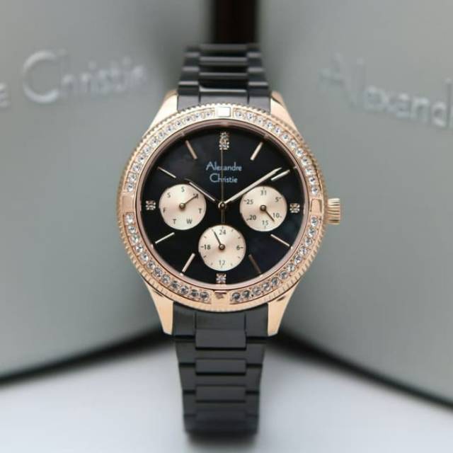 ORIGINAL JAM TANGAN WANITA ALEXANDRE CHRISTIE CEWEK BLACK ROSEGOLD RANTAI ALEXANDER CRISTIE AC 2771