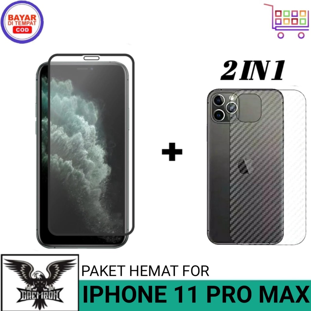 Promo 2in1 Tempered Glass Iphone 11 Pro Max Free Garskin Carbon Premium Anti Gores Anti Bekas Sidik 