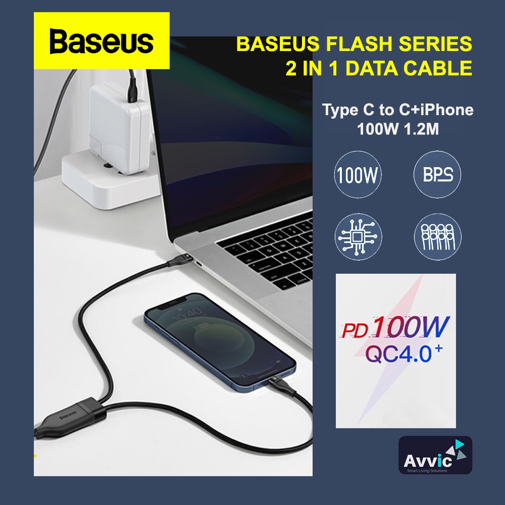 Baseus Kabel Data 2in1 Fast Charging Type C to Type C &amp; iPhone Lightning 100W PD QC Flash Series Data Cable