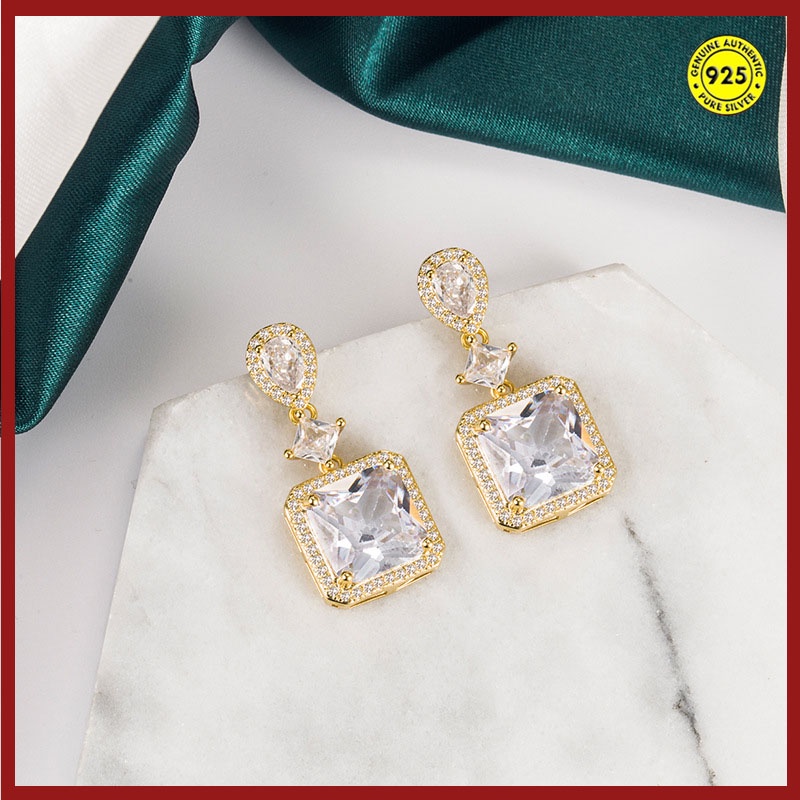 Anting Bahan Sterling Silver 18K Gold Bentuk Persegi Aksen Zircon