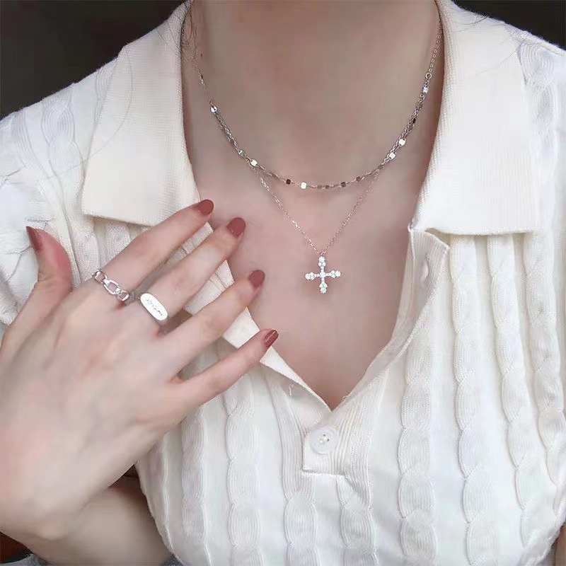 Kalung Rantai Klavikula Model double diamond cross Untuk Wanita