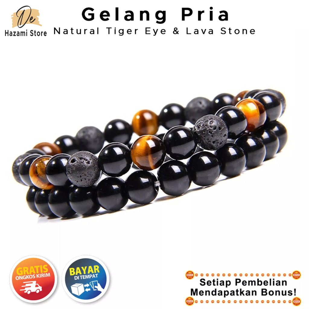 BISA COD Gelang Pria Batu Akik Tiger Eye Lava Stone Meteor Black Onyx Hitam Tali Keren Distro Korea