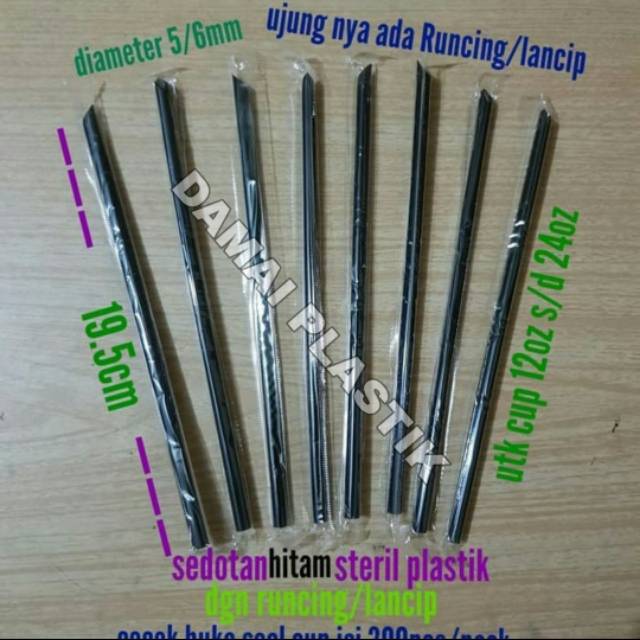 Sedotan Plastik 6mm 20cm Steril Hitam 300btng Bungkus Hegenies Kopi Lurus Lancip Runcing 6 mm 20 cm