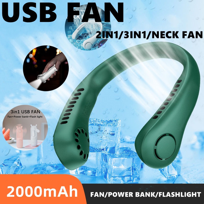 2IN1/3IN1 Portable Fan USB Kipas angin mini isi ulang/portabel/Neck Kipas Angin Leher portable Kipas USB + Power bank + Flash light  Handheld Fan