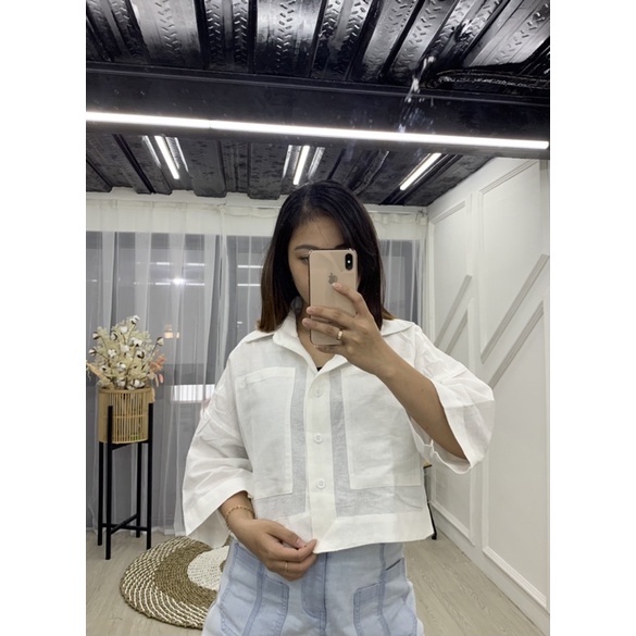 Kemeja crop wanita - Atasan kemeja wanita crop linen oversize - kemeja outer crop linen