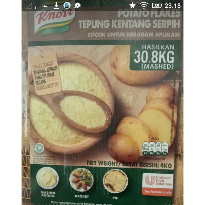 

Best Seller Knorr Potato Flakes Tepung Kentang Serpih (cocok untuk beragam kroket, pie , dll) 4kg