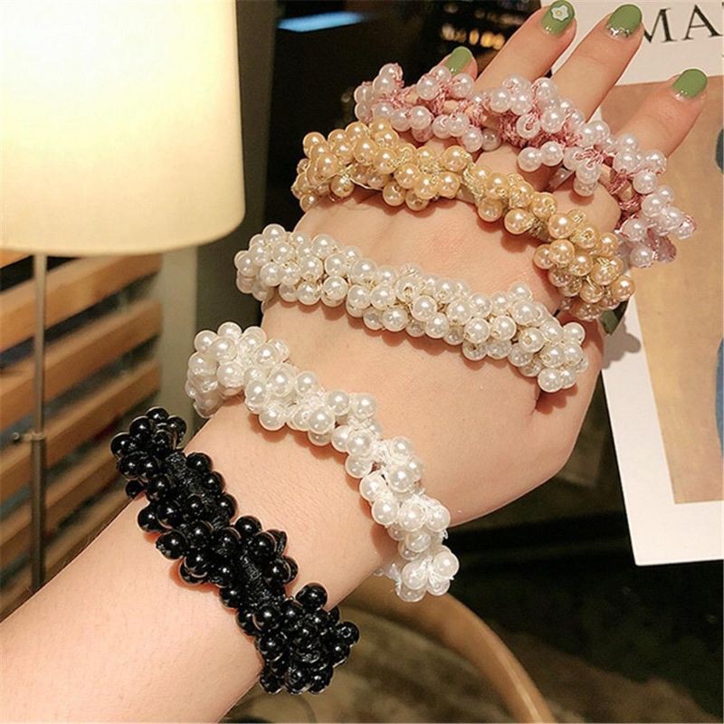 Women Pearl Elastics Hair Ties,Elegant Girls Beads Vintage Hair Bands,Fashion Rubber Hair Rope