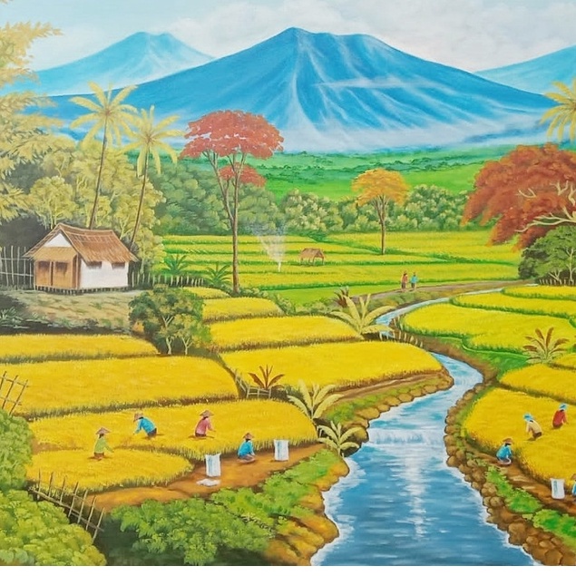 Lukisan Pemandangan Sawah dan Gunung dengan Detail Realistis