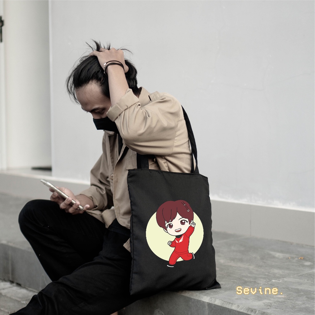 Sevine Totebag Tas Wanita Tote bag Resleting Cetak DTF Black Series Korean Style - CH3