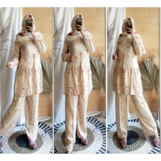SET CELANA TUNIK ATASAN BAWAHAN KATUN RAYON IMPORT PREMIUM BUSUI JUMBO MOTIF CANTIK BAJU WANITA ORI