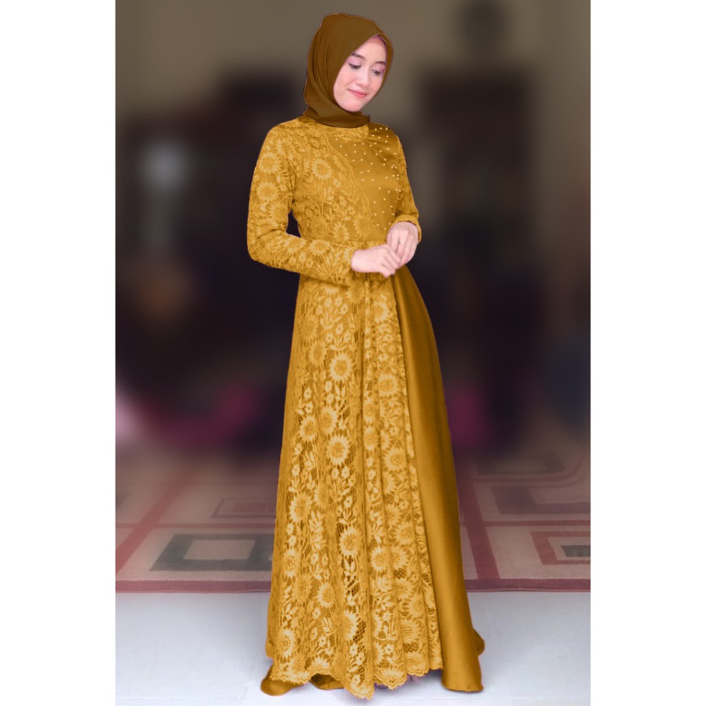 HOPYLOVY - Gamis Wanita Maxi Carissa Velvet Kombi Brukat Corneli Mutiara Tabur