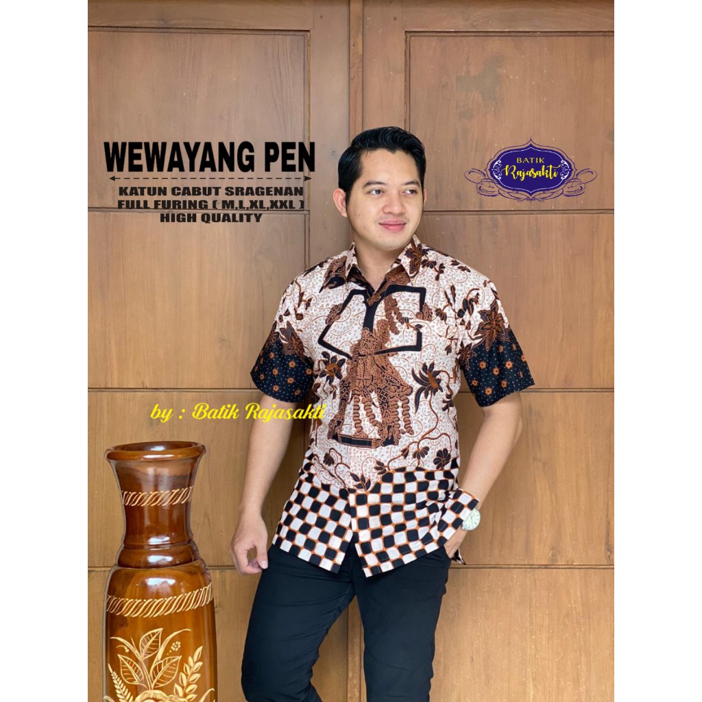 WEWAYANG PEN Atasan Baju Kemeja Batik Pria Lengan Pendek PREMIUM LAPIS FURING Rajasakti SOLO