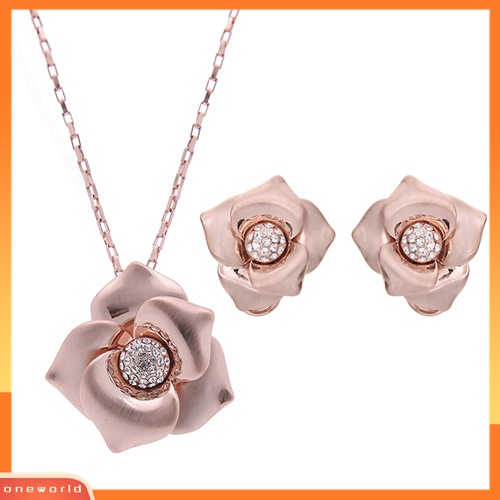 Set Perhiasan Kalung Anting Berlian Imitasi Bentuk Mawar Untuk Pengantin Wanita