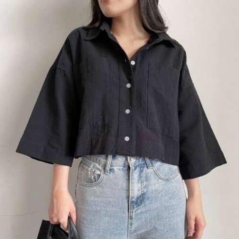 KEMEJA CROP LINEN POCKET PREMIUM
