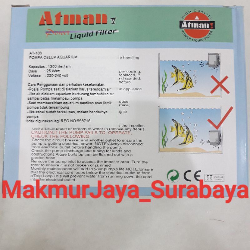 Pompa Air ATMAN 103 / AT103 pompa celup untuk aquarium  atau kolam