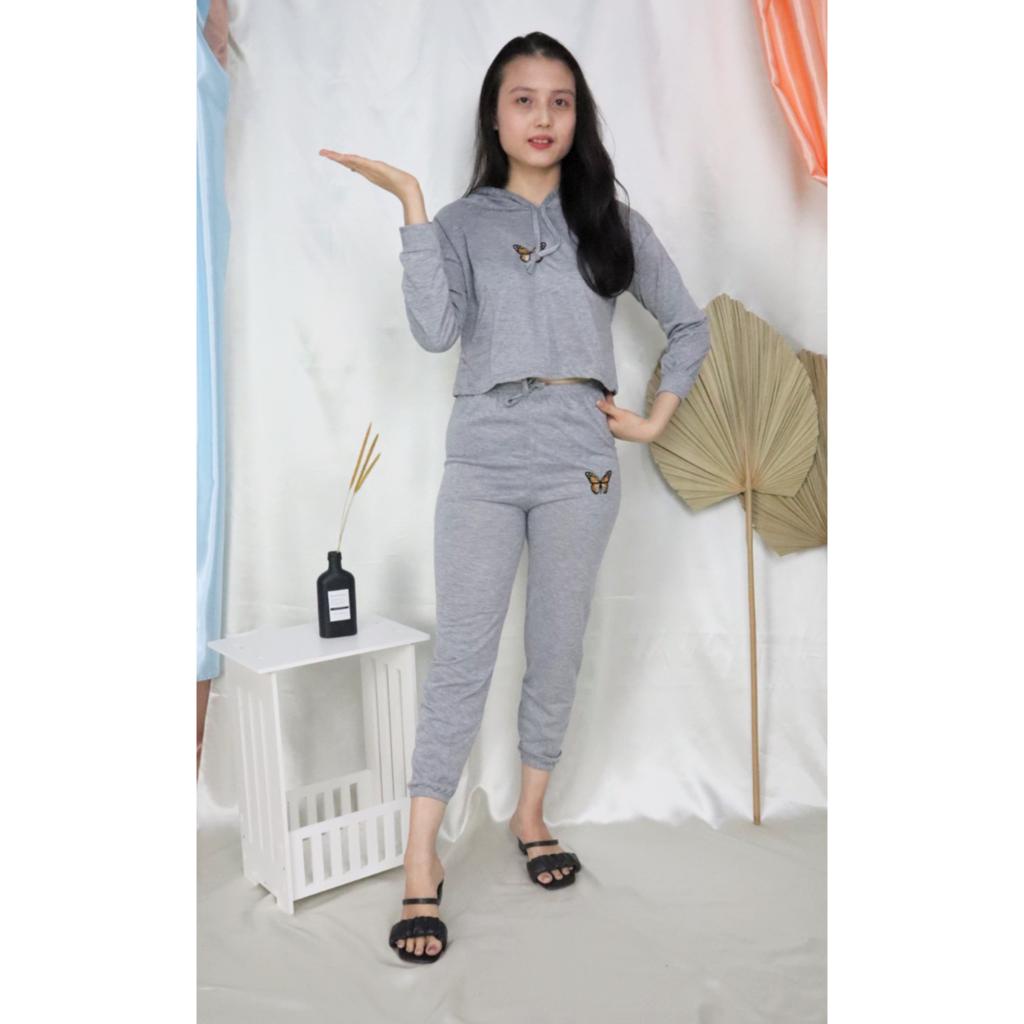 SET MARIPOSA / SETELAN WANITA HOODIE JOGGER / MOTIF BORDIR / BAHAN BABYTERRY (LD 100CM, PJ 40CM)