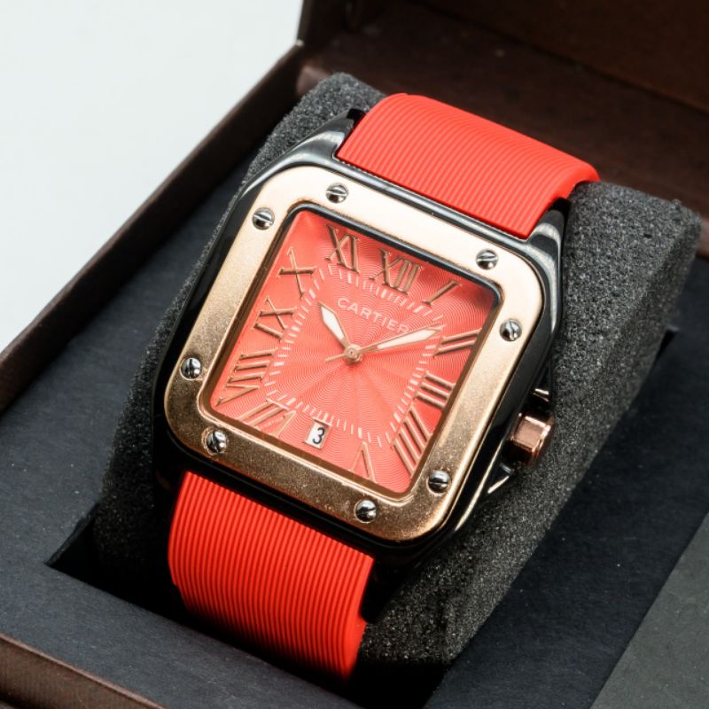 Jam Tangan Wanita Cartier Kotak 35mm Tanggal Aktif Tali Rubber