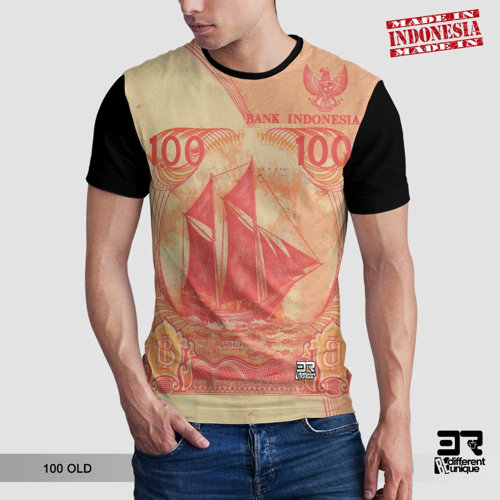 KAOS PRINT 3D DISTRO 3R UNISEX DEWASA & ANAK MOTIF MATA UANG INDONESIA 100 RUPIAH JADUL PERAHU ( 100