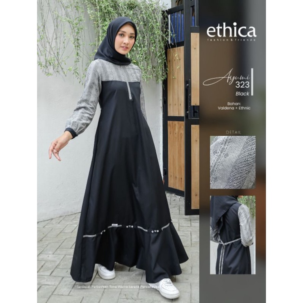 Gamis Premium Ayumi 323 Black by ethica|Gamis Ayumi Mocca|Gamis Polos Kombinasi Dua Warna|Gamis Tali