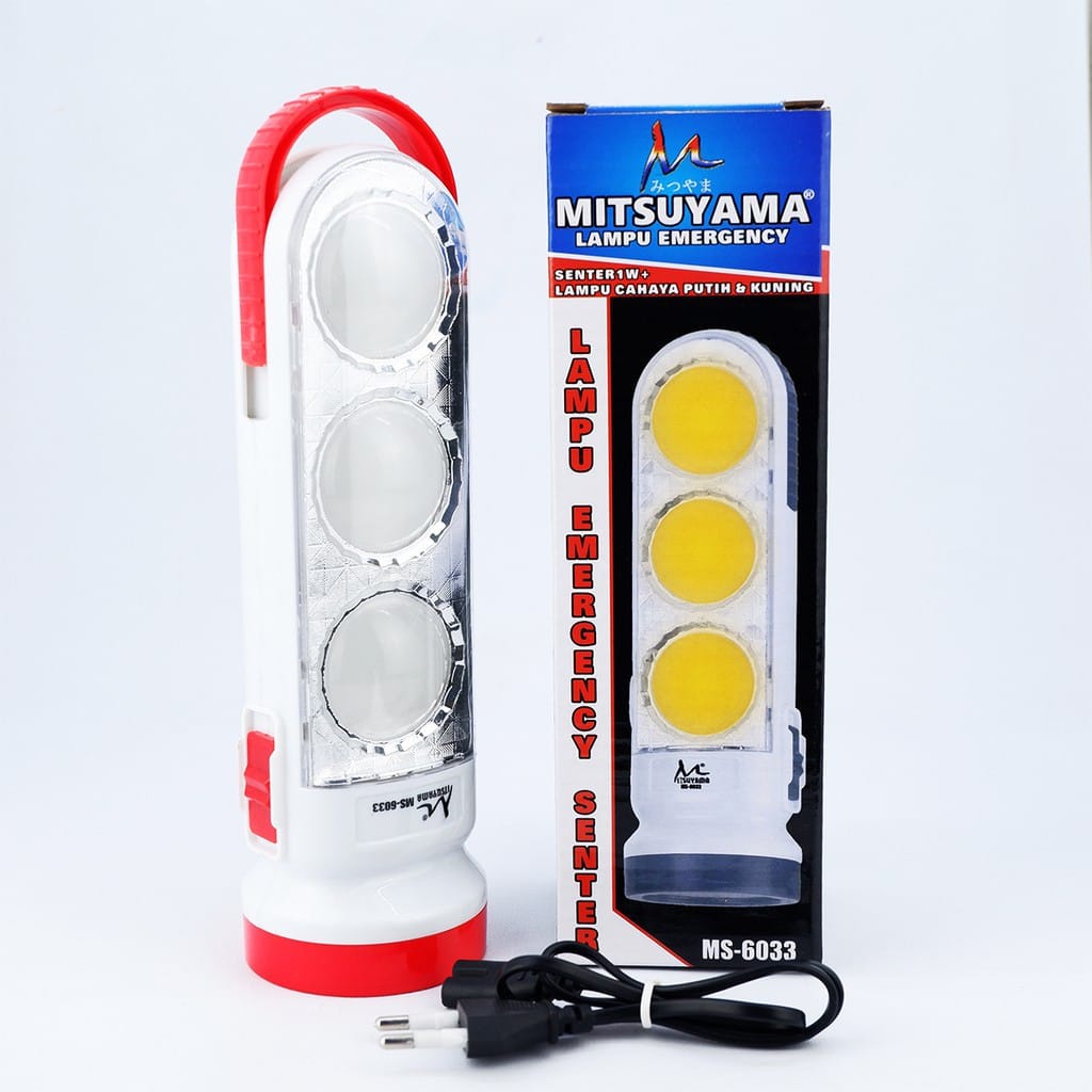 Lampu Emergency Mitsuyama Tiga Mata MS-6033 Lampu Cas Senter Cahaya Kuning dan Putih Super Terang