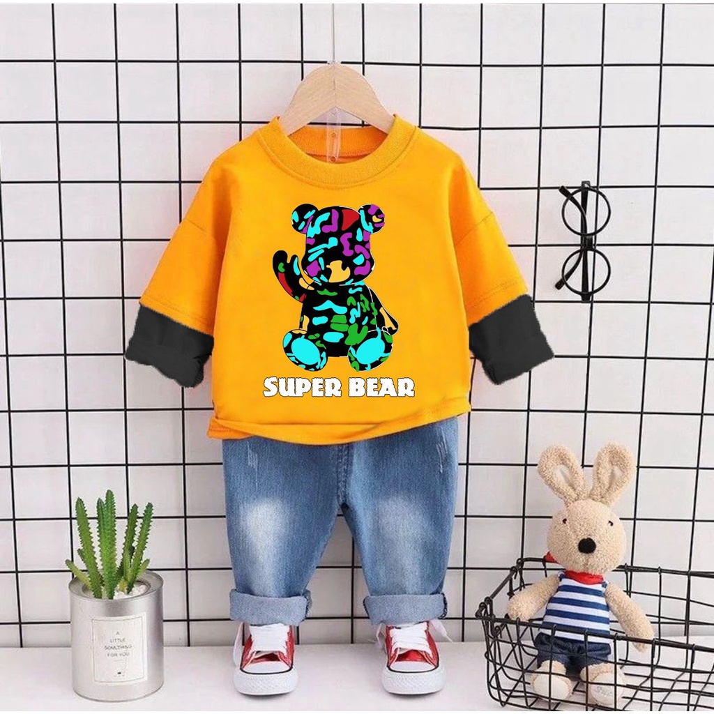 PROMO-SETELAN ANAK BAJU ANAK 1-5 TAHUN SETELAN ANAK LAKI-LAKI BAJU ANAK LAKI-LAKI KAOS DENIM ANAK BAJU ANAK PEREMPUAN MOTIF SUPER BEAR