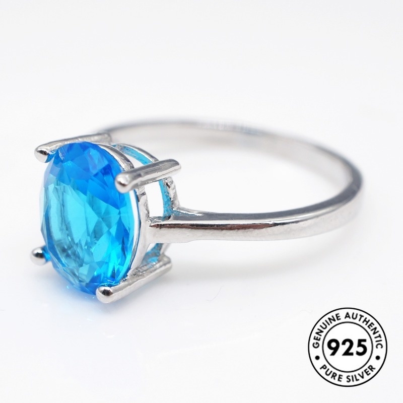 Cincin Sterling Silver 925 Klasik Dengan Kristal Warna Biru Untuk Wanita