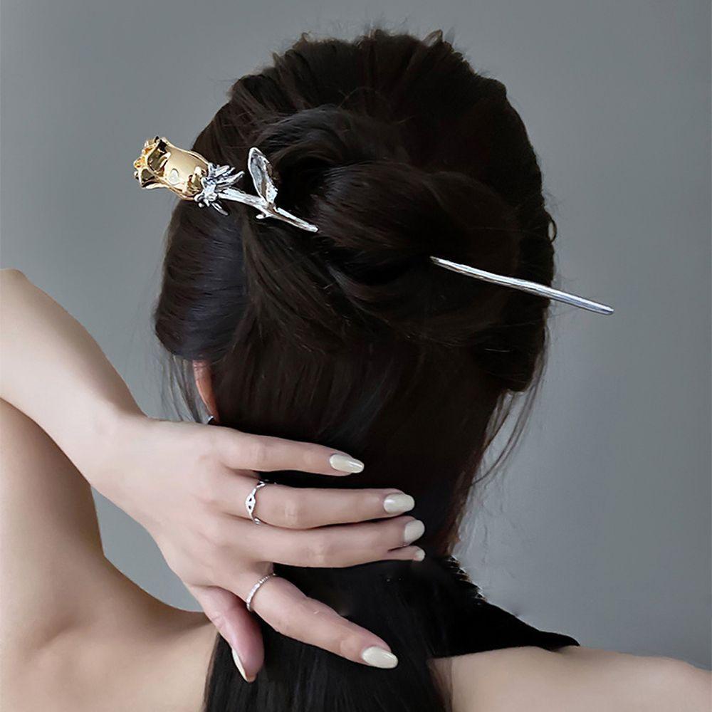 NEEDWAY Needway Wanita Jepit Rambut Perancis Kreatif Hadiah Bunga Kuno Retro Rose Hair Stick