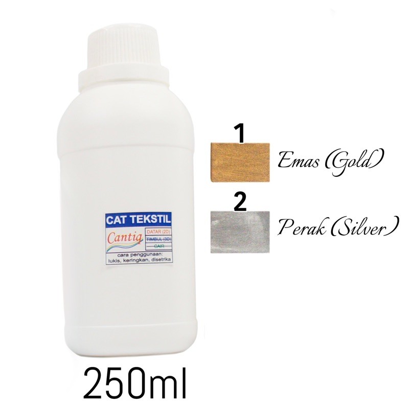 

Cat Tekstil Cantiq Gold & Silver (250ml) Premium Awet Tidak Luntur Waterproof Permanen memberi kesan mewah & elegan waterbase untuk semua jenis kain Sutra Satin Brokat Suede Ceruty Sifon Kanvas Katun Organdi Emas Perak by Ganzel Store