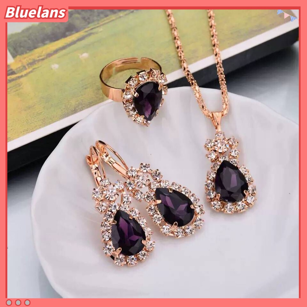 3pcs / Set Kalung Anting Cincin Liontin Water Drop Berlian Imitasi Bahan Alloy Warna Cerah Untuk Aksesoris