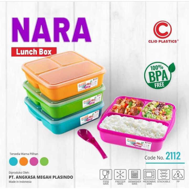 Lunch Box Clio Nara 3 Sekat Free Sendok / Kotak Makan Clio Nara