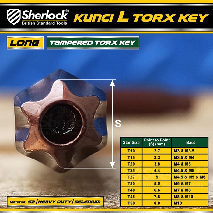 Kunci L Set Bintang 9 pcs mm (Panjang) Sherlock Kunci L Torx Key Tamper (Ber Lubang)