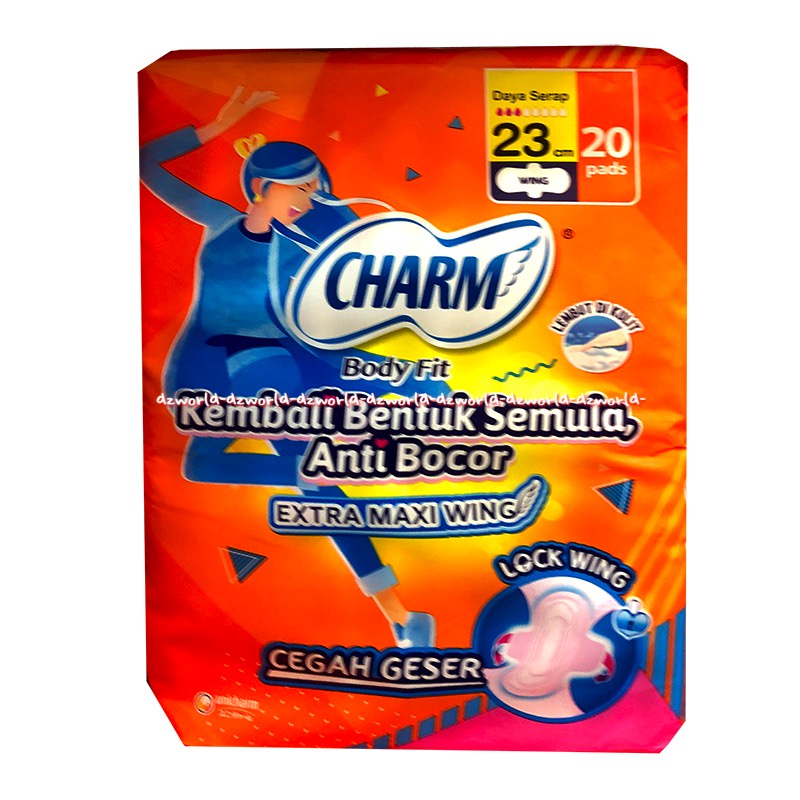 Charm Body Fit 23cm Extra Maxi Wing Kembali Bentuk 20pads Pembalut Wanita dengan Sayap Wings Charms