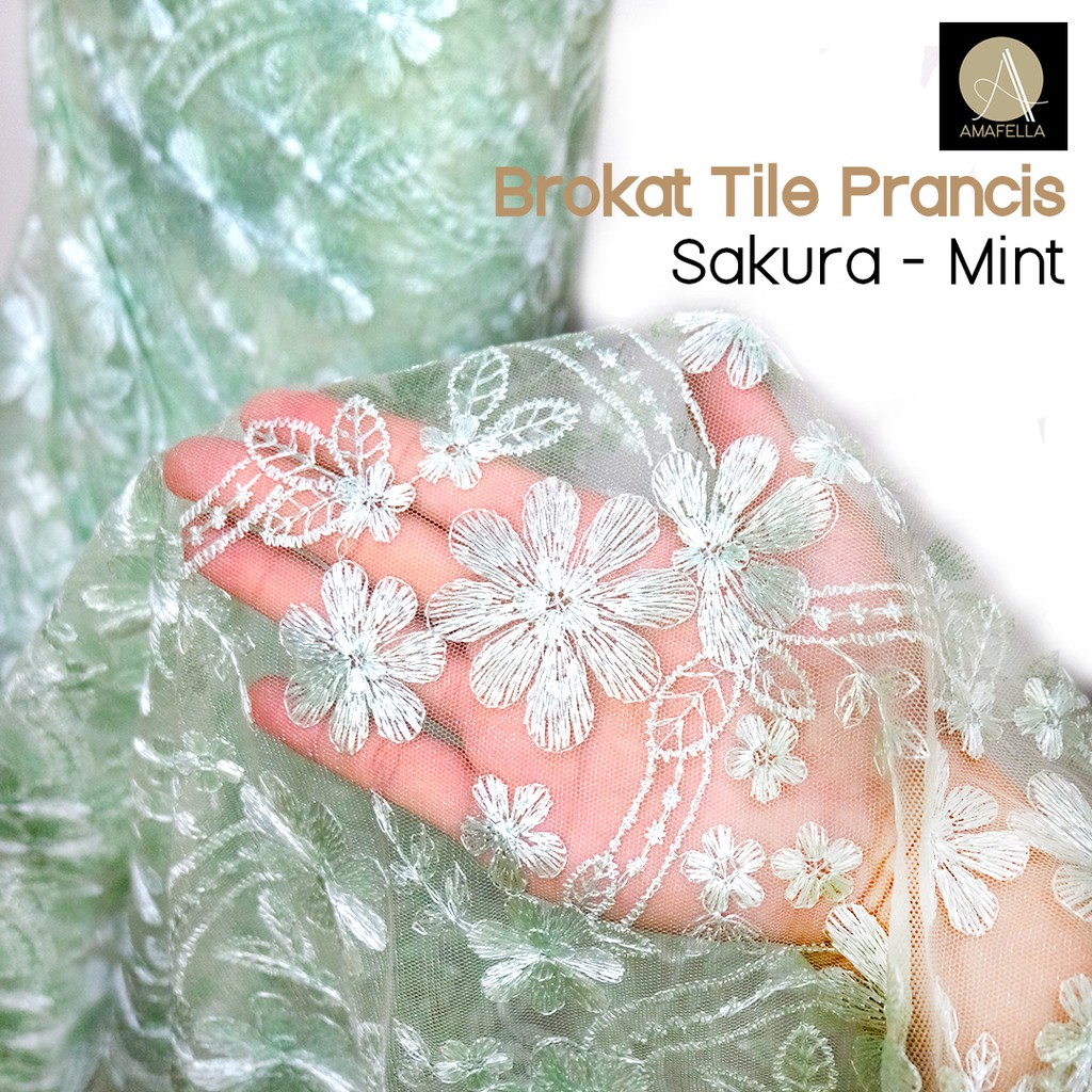 1/2 meter Kain Brokat Tile Prancis Bahan Kebaya Motif Sakura Light Turquoise Mint