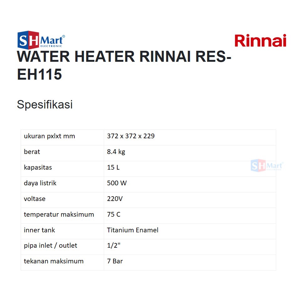 PEMANAS AIR WATER HEATER LISTRIK RINNAI RES-EH115 15 LITER