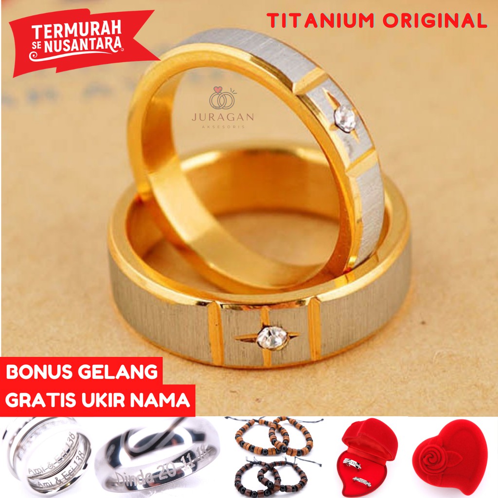 AILOVIU Cincin Couple UKIR NAMA Silver Gold R55 Titanium Kawin Tunangan Anti Karat High Quality BONUS Gelang Couple