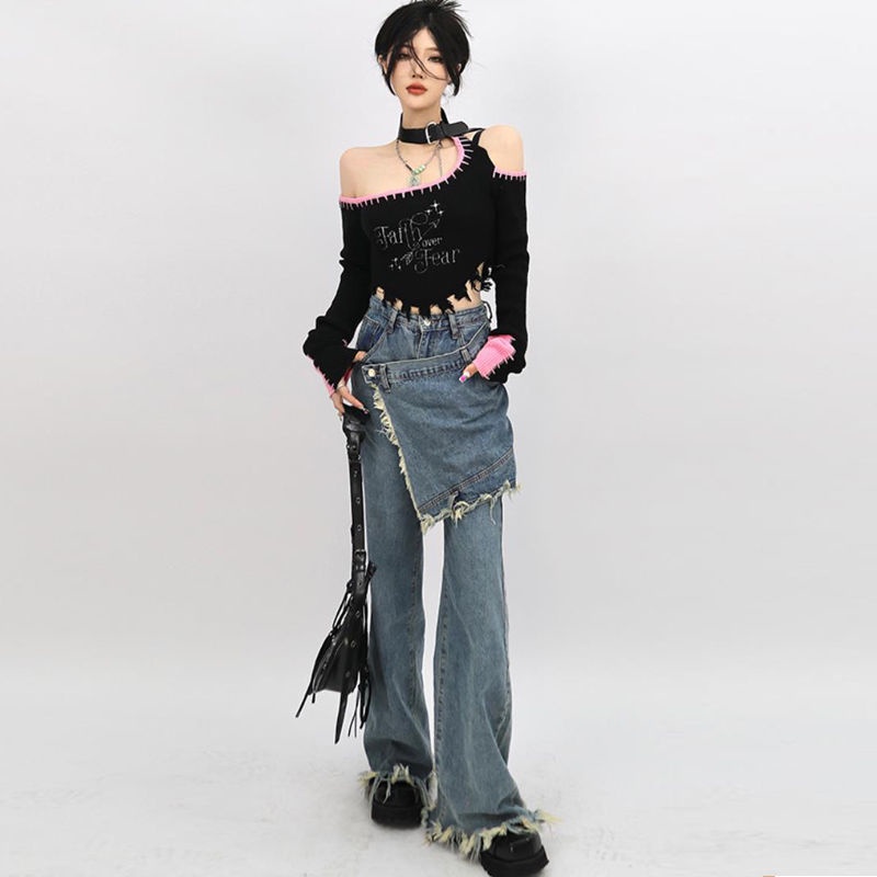 Suhao Street Style Straight Jeans Wanita Musim Semi Desain Baru Sense Kecil Palsu Dua Potongan longgar Flared Wide Pants